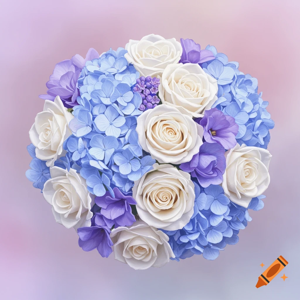 A white, blue, and purple flower bouquet.