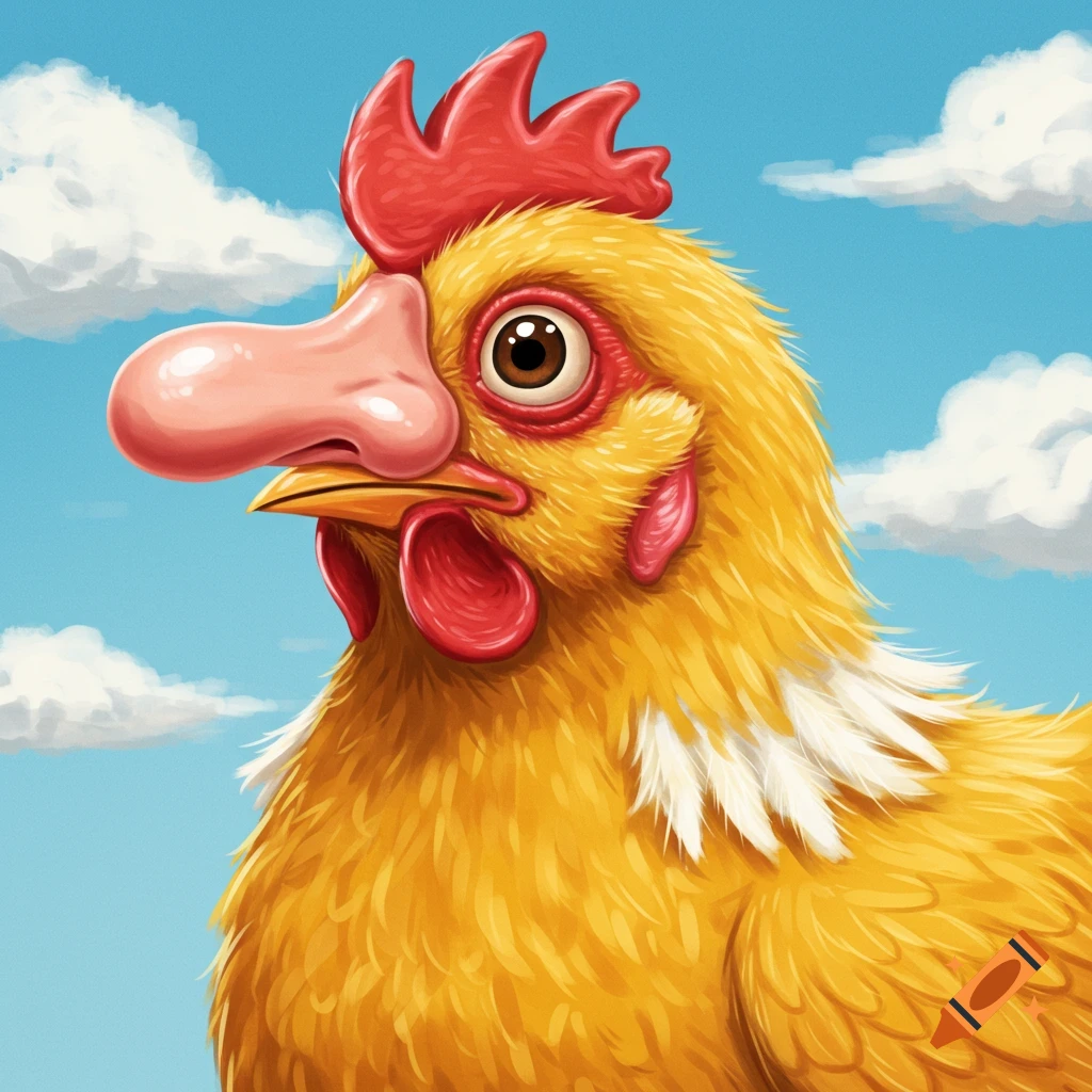 Painting of a cartoon chicken with a human nose instead of a beak against a blue sky with clouds.