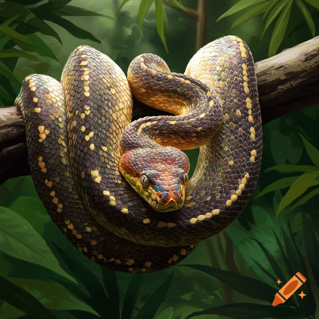 A coiled snake on a branch in a jungle.