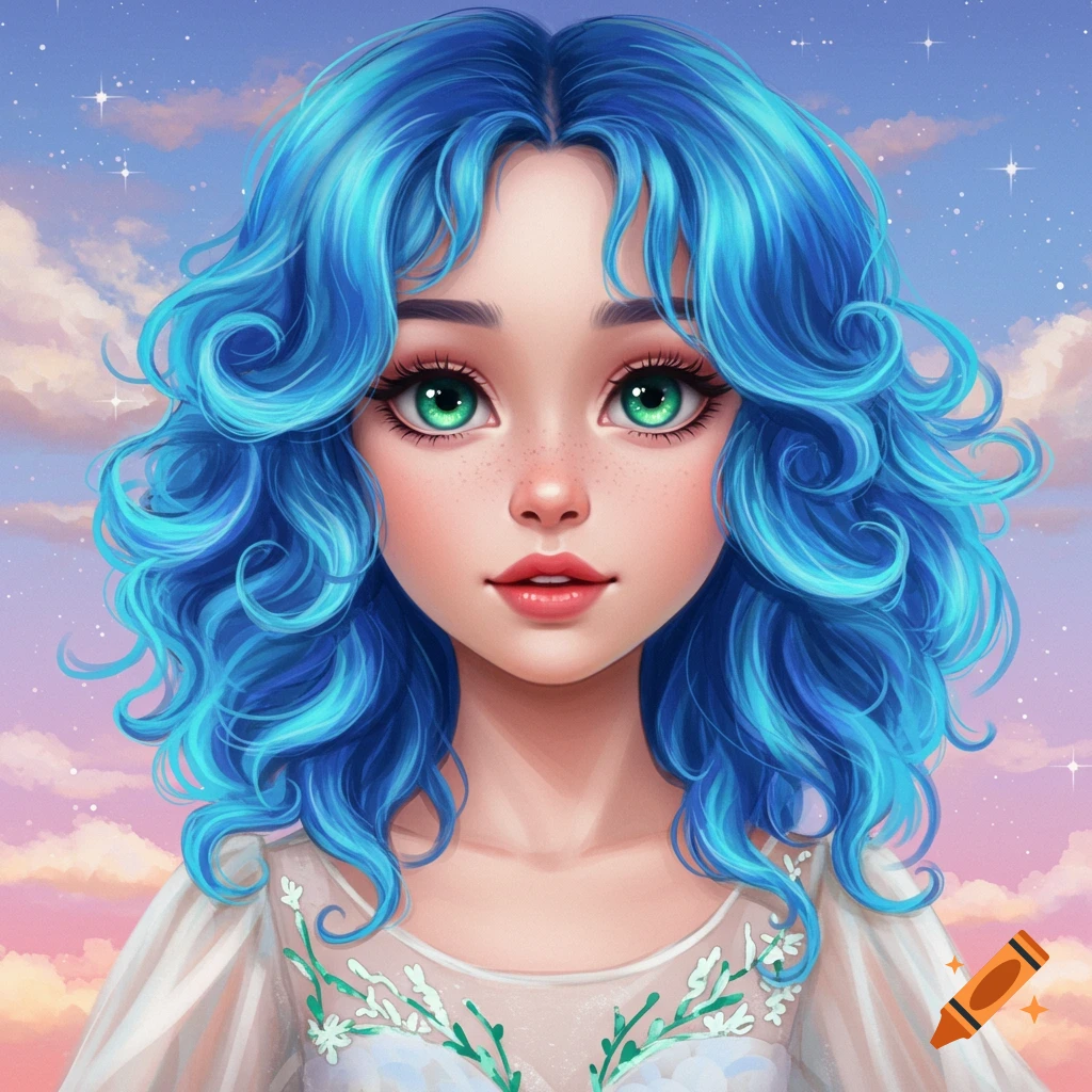 A young woman with bright blue curly hair and green eyes against a pastel cloudy sky.