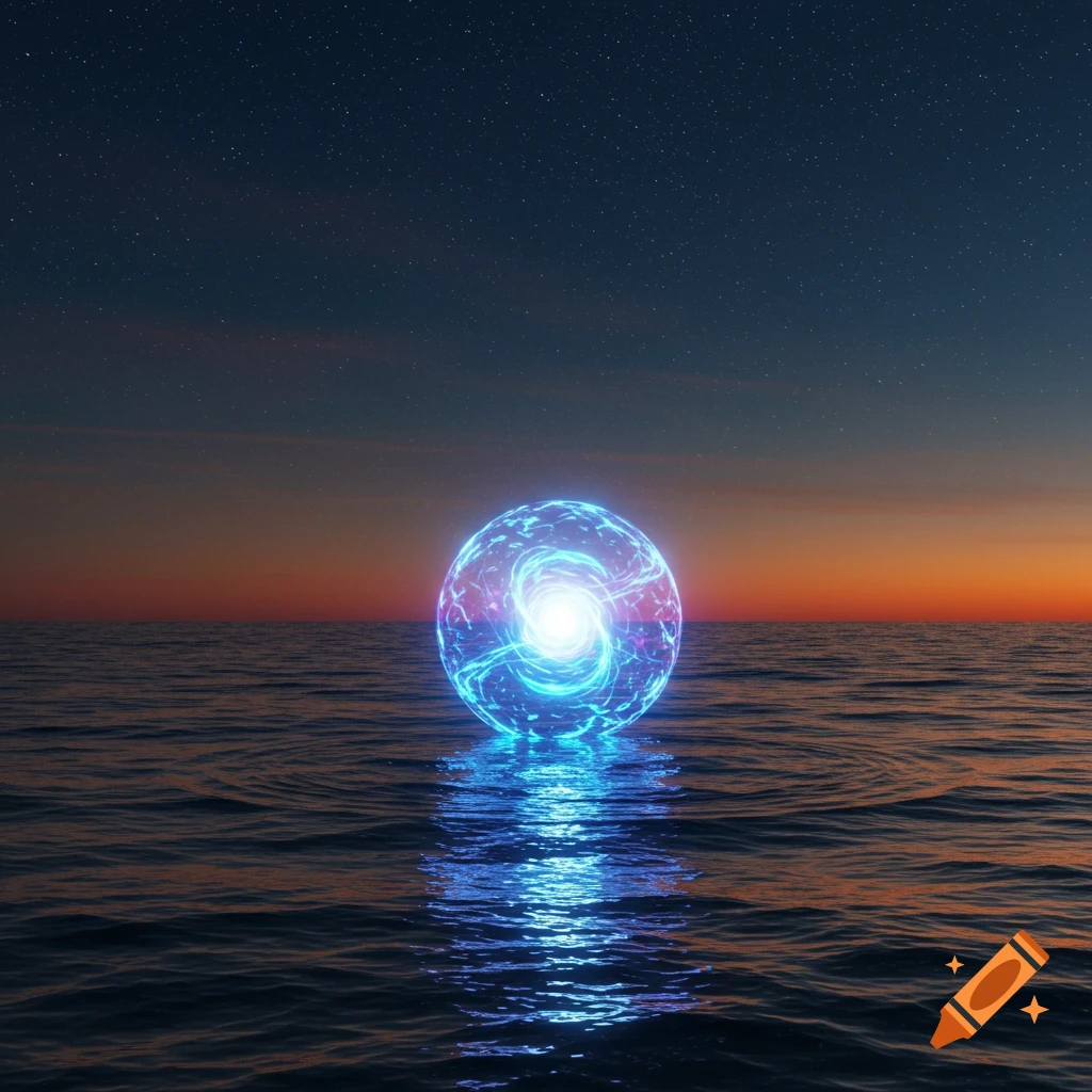 A glowing blue energy sphere floats on the ocean at twilight with stars in the sky.