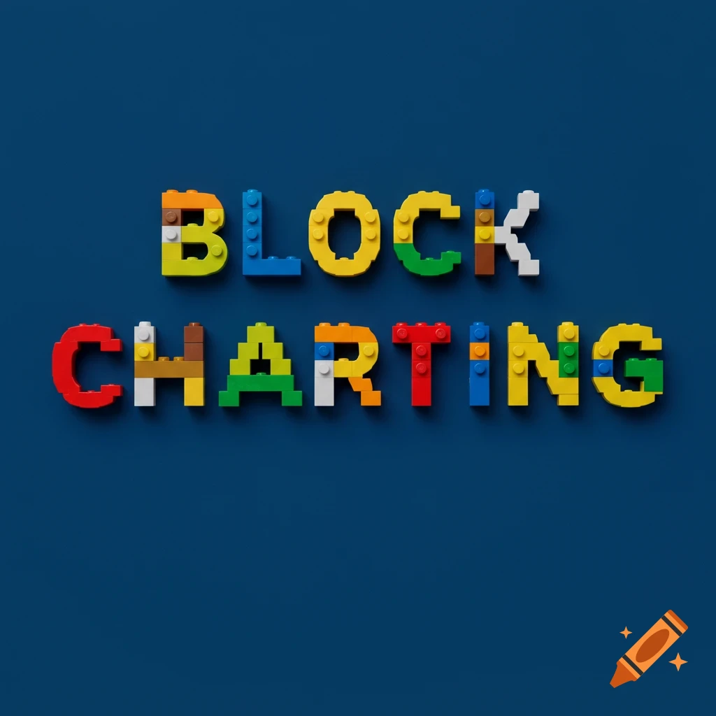 The words BLOCK CHARTING spelled out in colorful Lego bricks on a blue background.