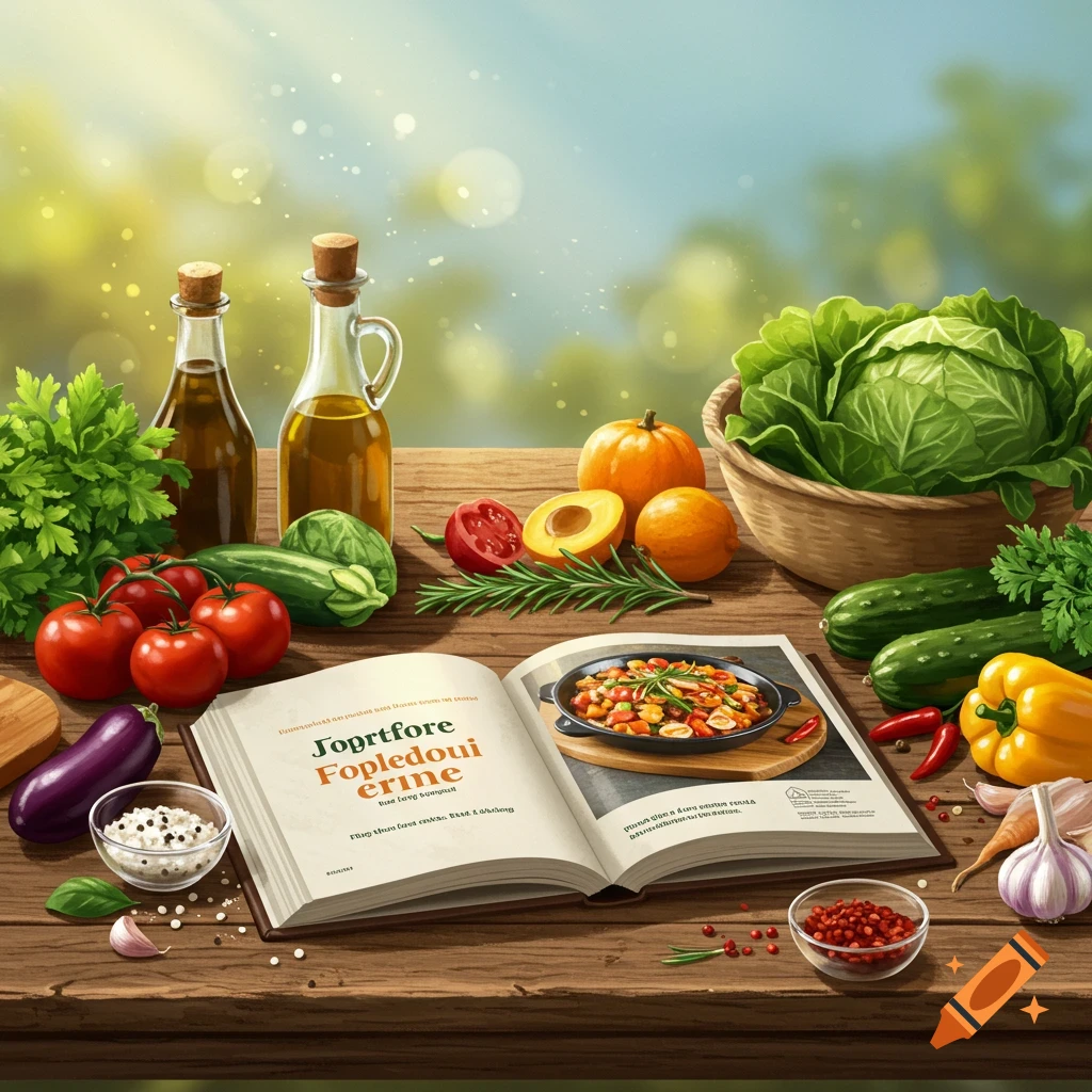 Still life of vegetables, olive oil bottles, and an open cookbook on a wooden table.