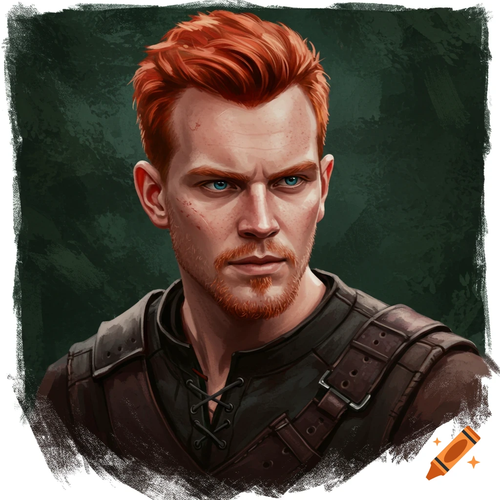 A man with red hair and blue eyes in fantasy armor.