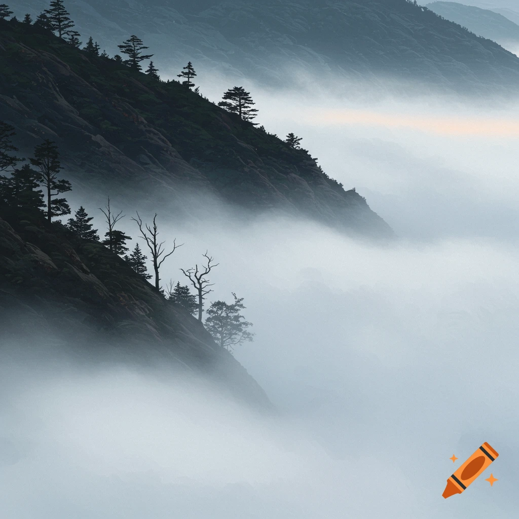 Steep mountain slope covered in fog with trees