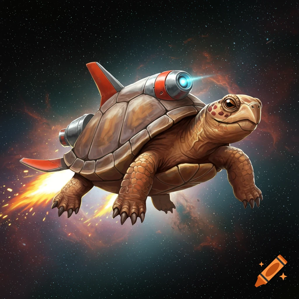A turtle flying through space with a rocket booster