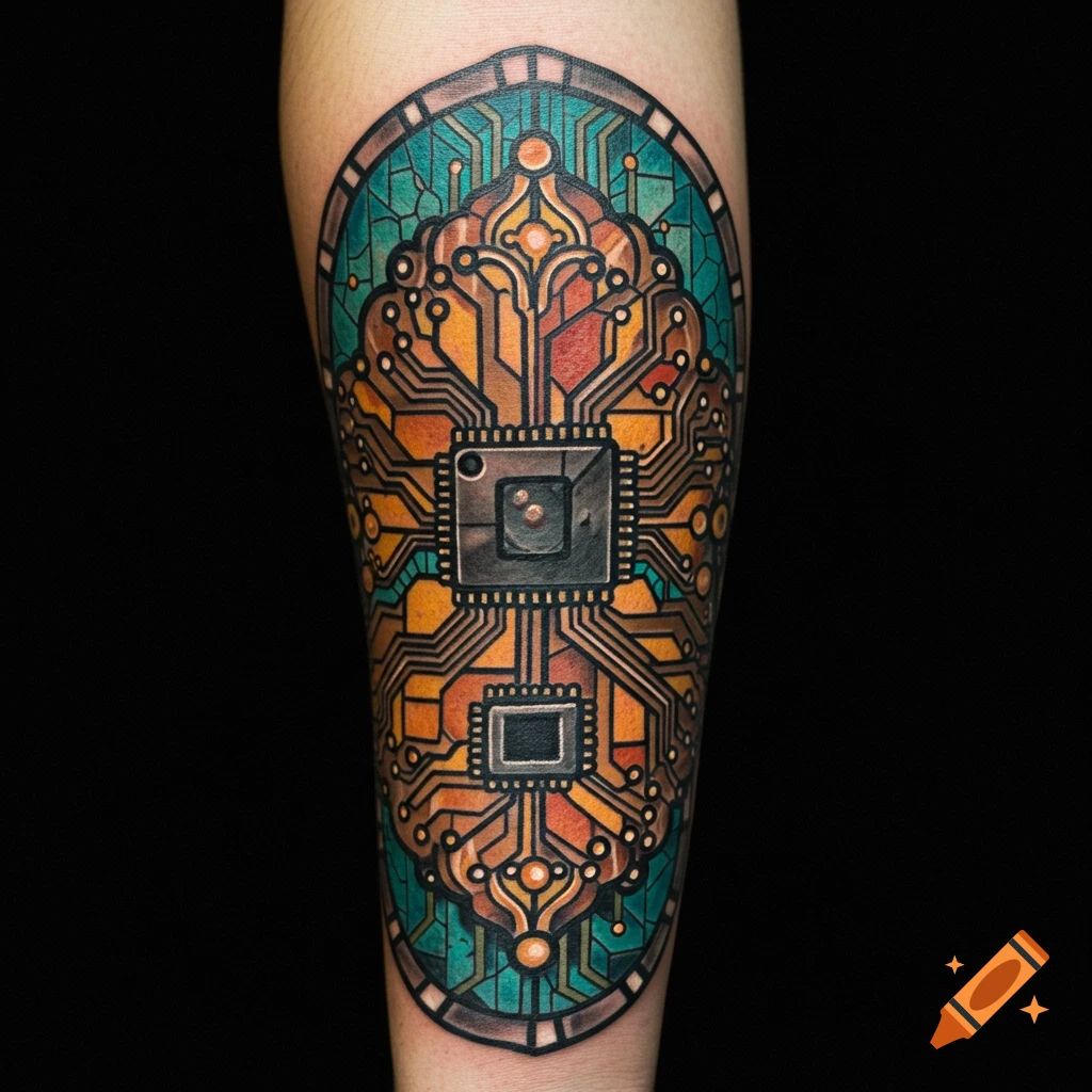 A vibrant tattoo on an arm features a detailed circuit board design framed within a stained glass-style border.