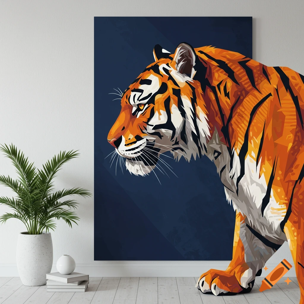 Graphic design art print of a tiger on a wall in a room