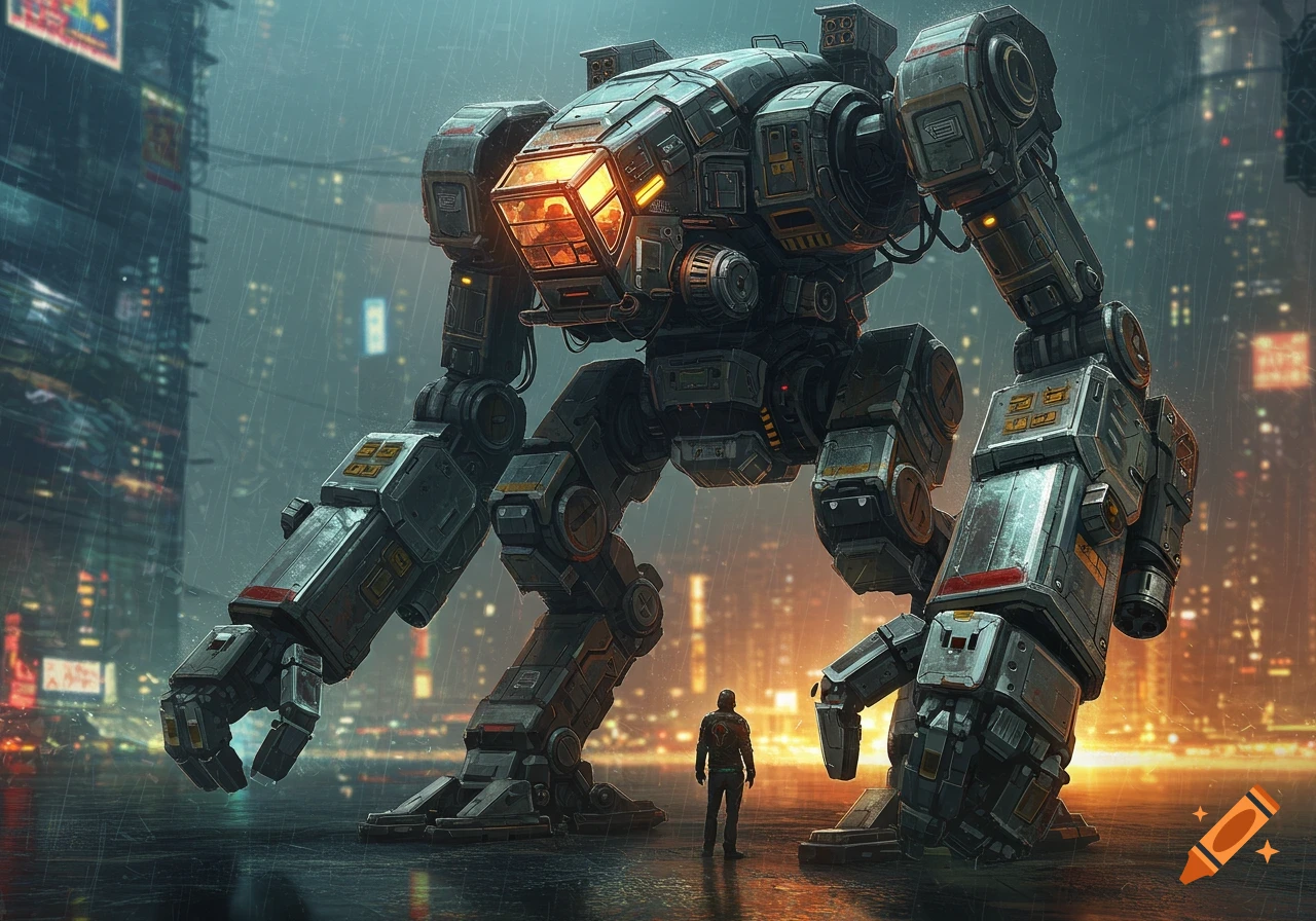 A giant sci-fi mech stands in a rainy cyberpunk city street, dwarfing a human figure below.