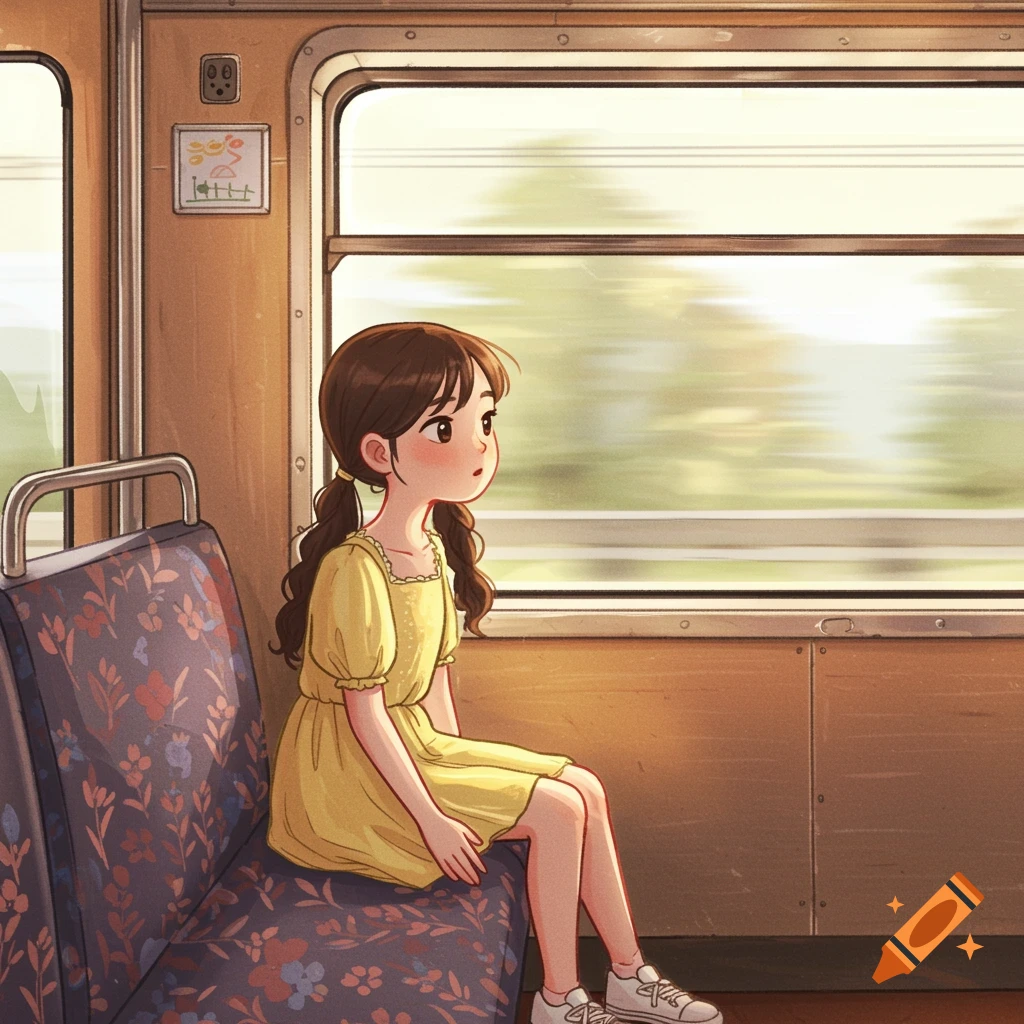 Anime illustration of a girl with pigtails in a yellow dress looking out the window of a moving train.