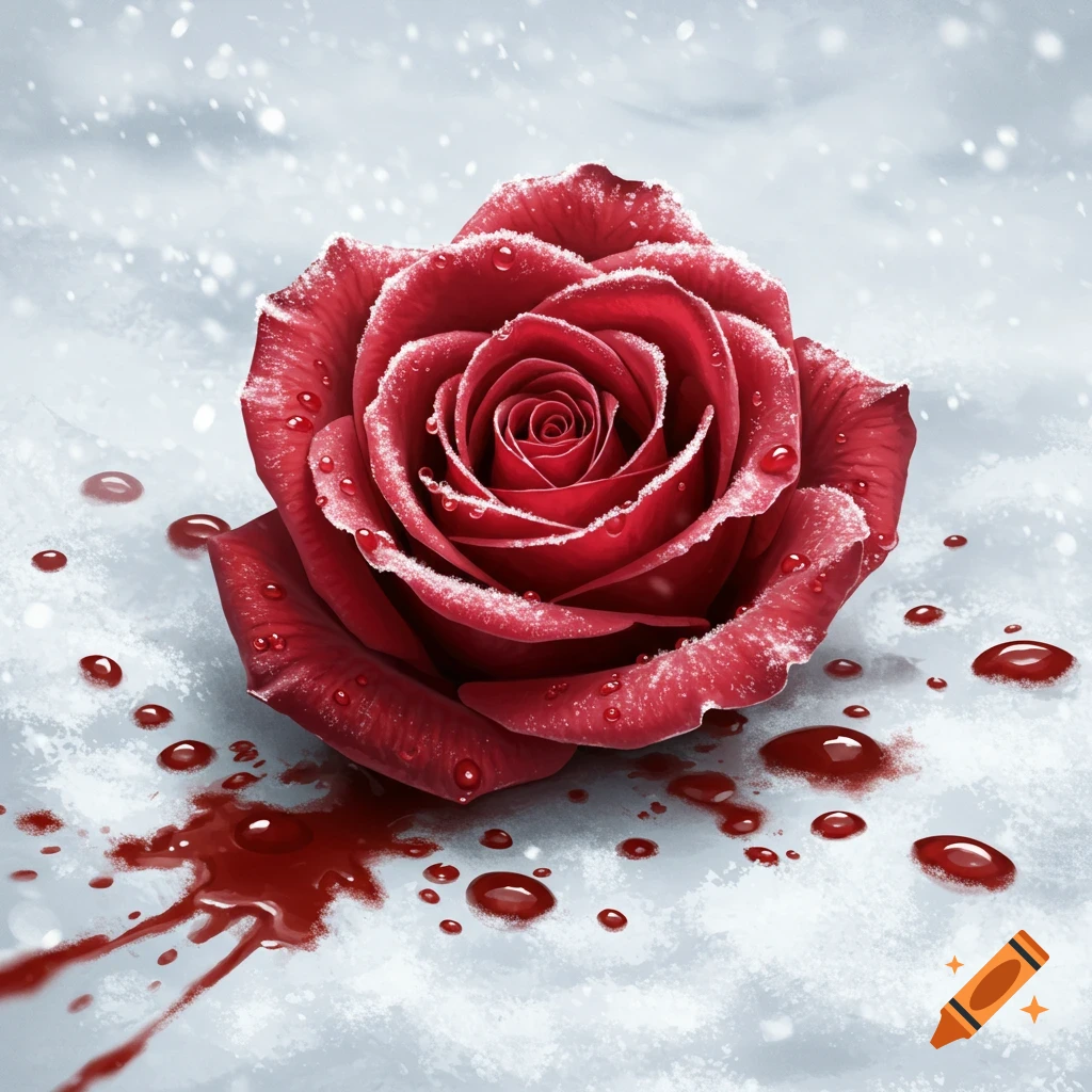 A red rose sits on snow, surrounded by blood drops