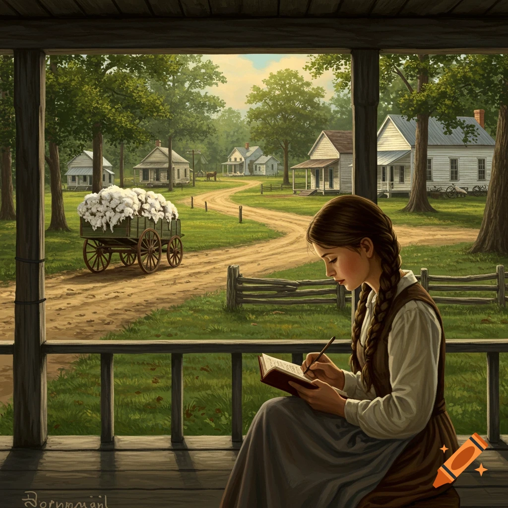 A young woman writing on a porch overlooking a rural southern town with a cotton-filled wagon and houses.