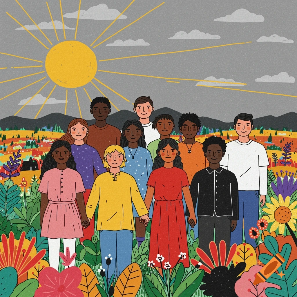 Stylized illustration of a diverse group holding hands in a vibrant field of flowers under a sunny sky.