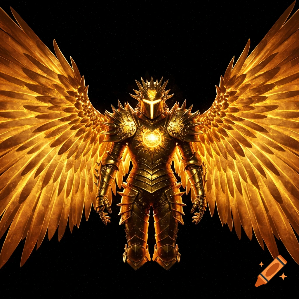 Golden armored figure with large golden wings against a starry black background