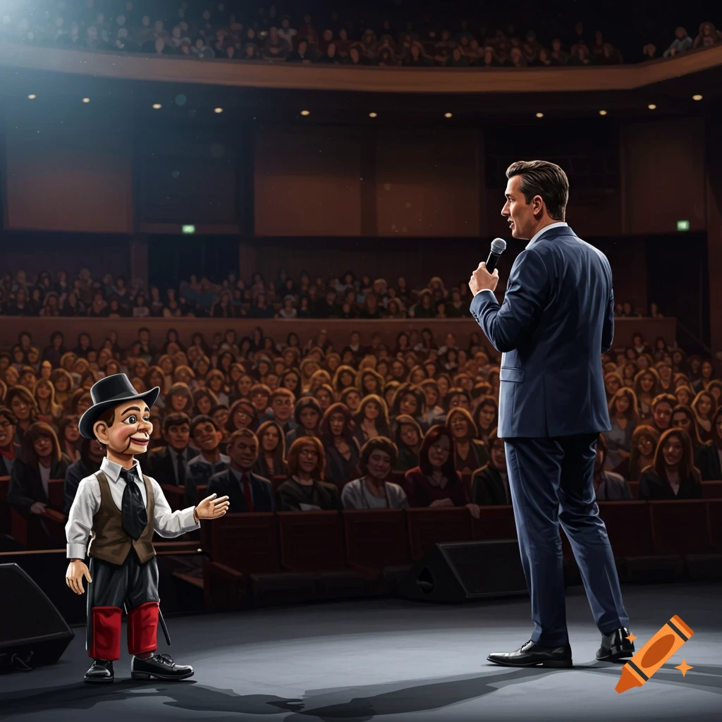 A man and his ventriloquist dummy performing on a stage to a large audience.