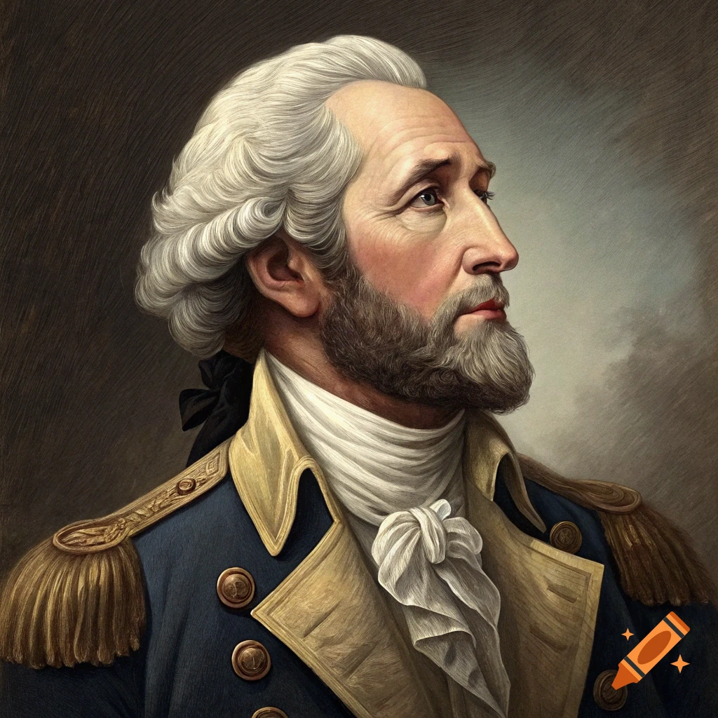 Portrait of George Washington with a beard in military uniform.