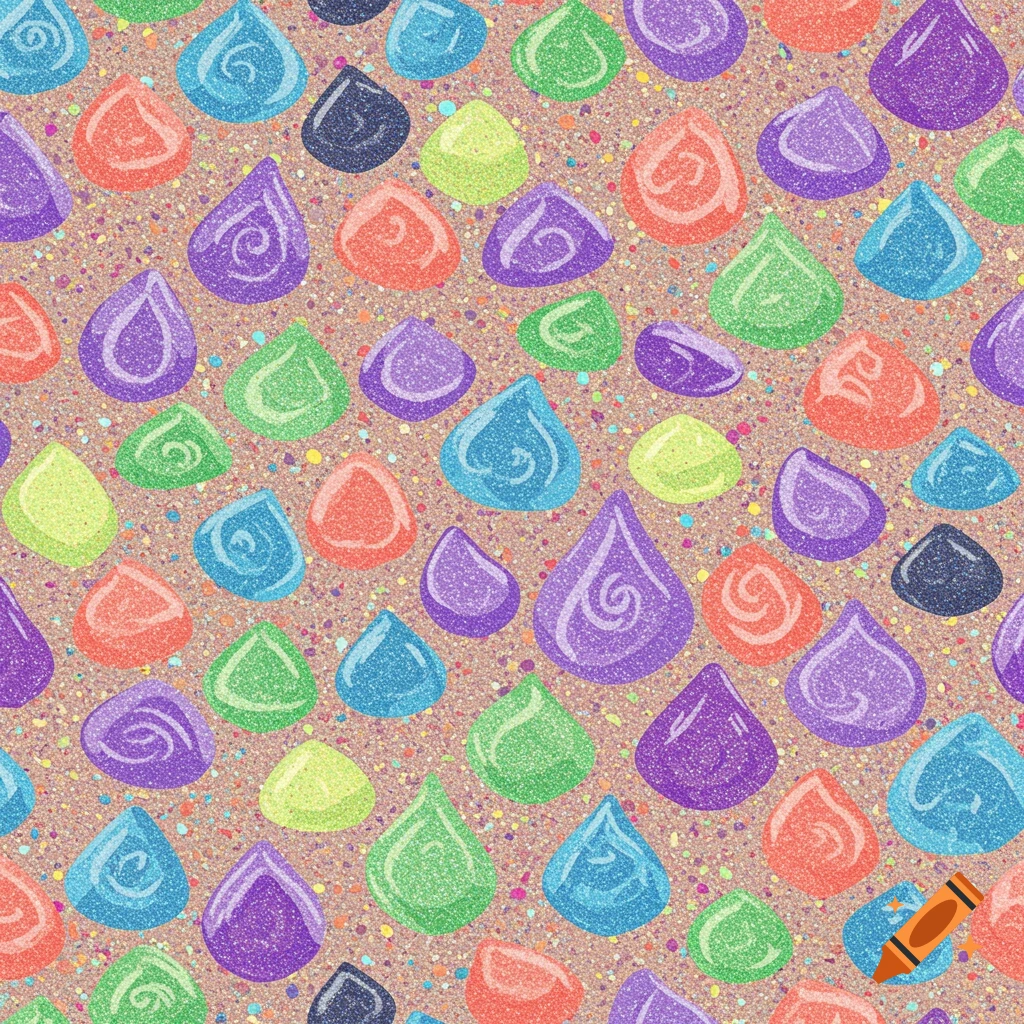 Seamless pattern of colorful glittery teardrop shapes on a speckled background, digital art