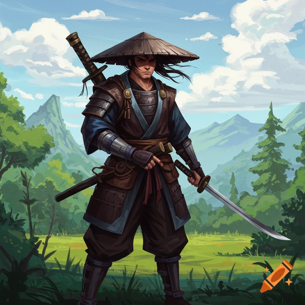 A Ronin stands in a field, holding a sword, with another sword on his back and wearing a conical hat.