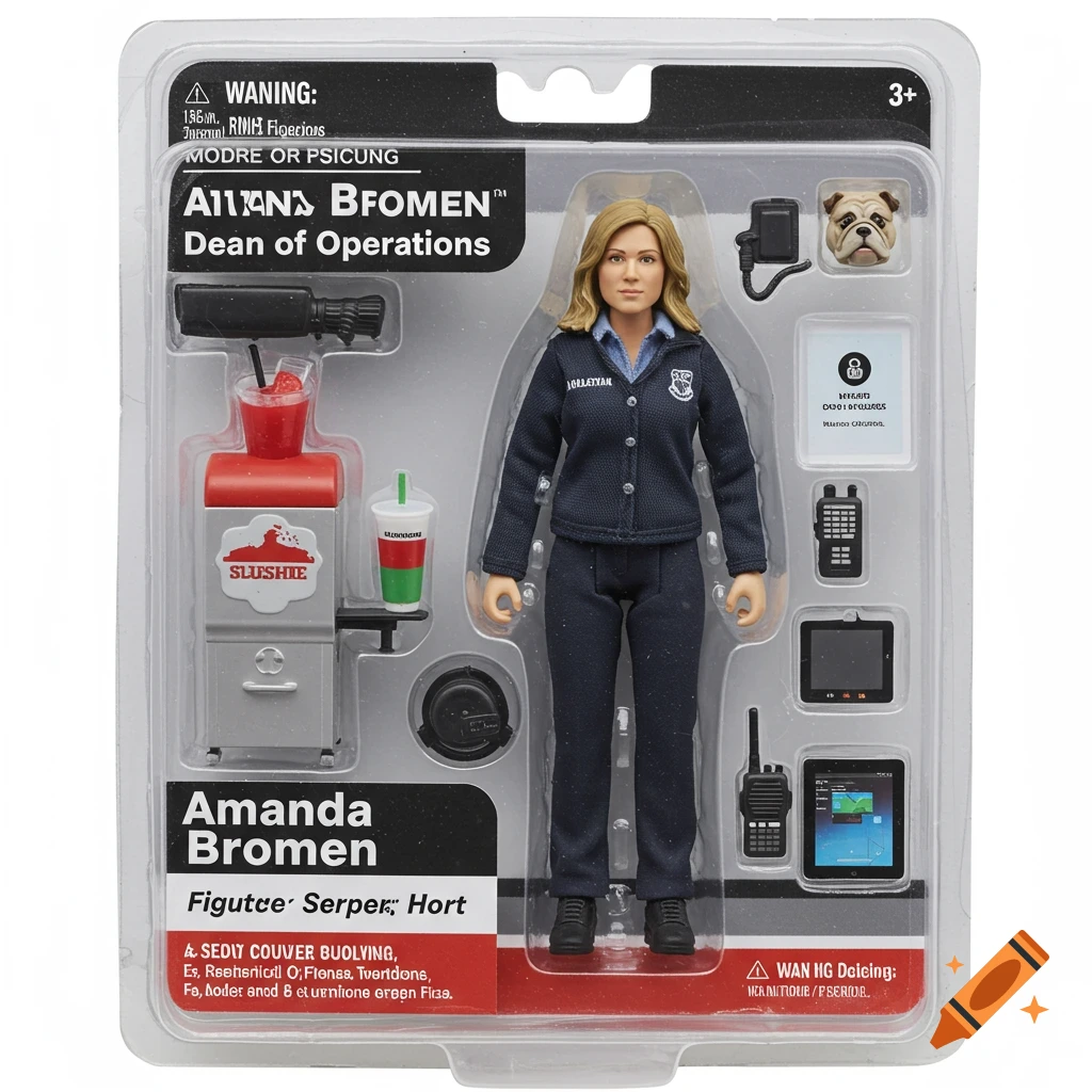 An action figure named Amanda Bromen, Dean of Operations, in a plastic blister package with accessories like a slushie machine and bulldog.