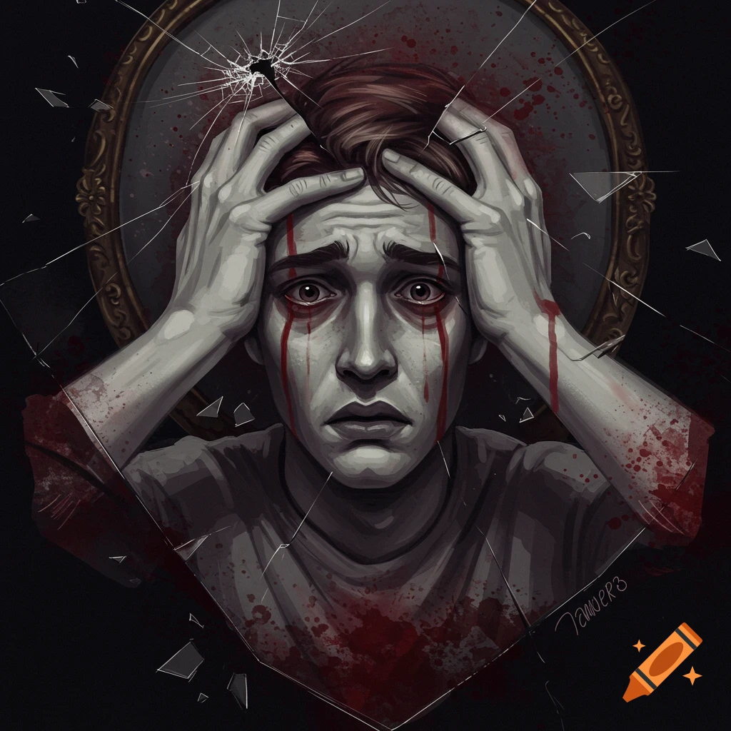 A distressed male figure with blood dripping from his eyes, surrounded by broken glass.