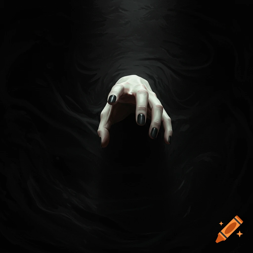 A hand with dark fingernails reaches out of the darkness.