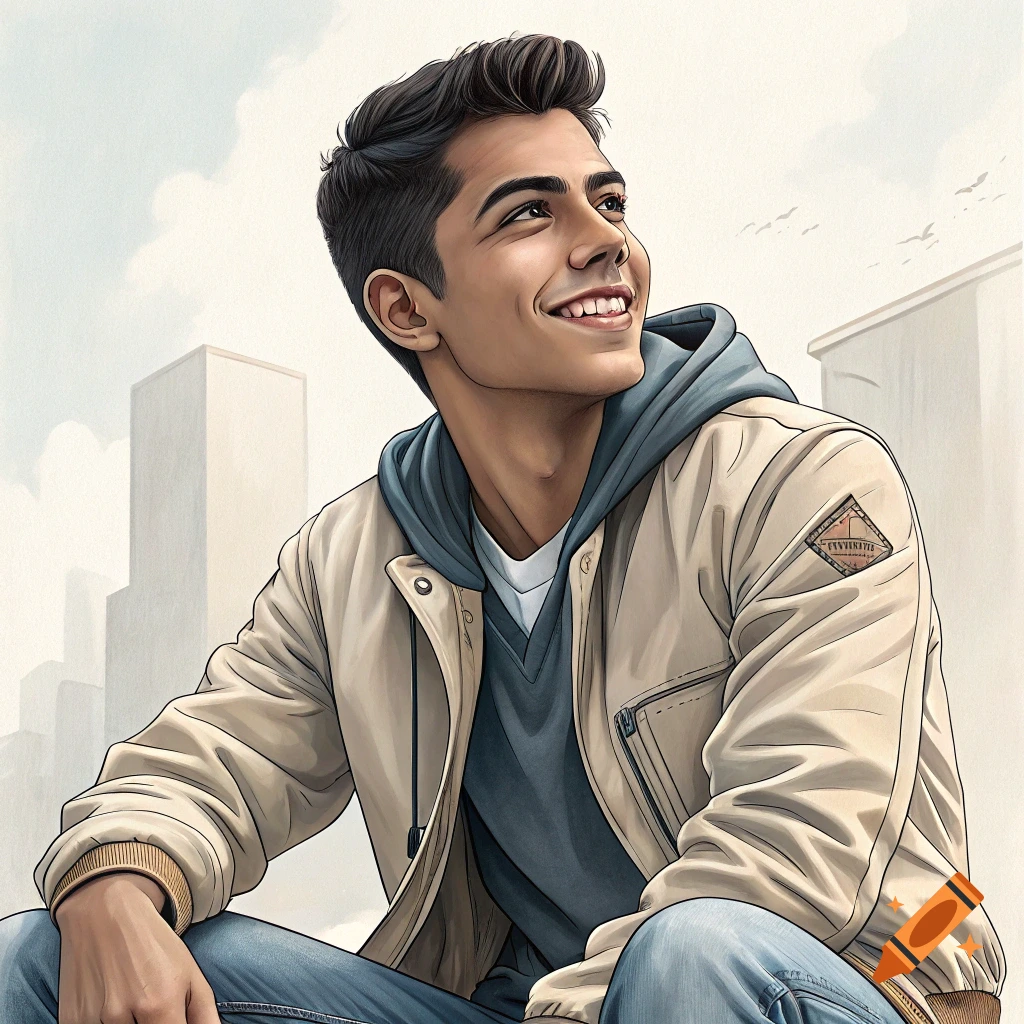 Digital illustration of a young man smiling and looking up, wearing a jacket and hoodie in an urban setting.