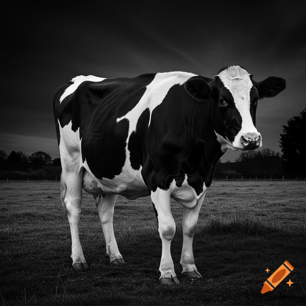 A black and white photo of a Holstein cow standing in a grassy field.