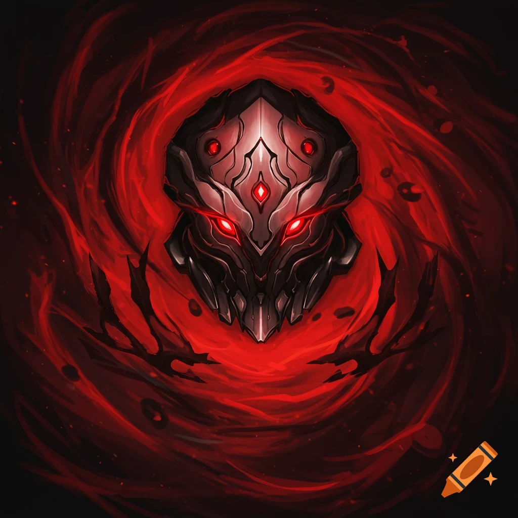A dark mask with glowing red eyes is surrounded by red energy.