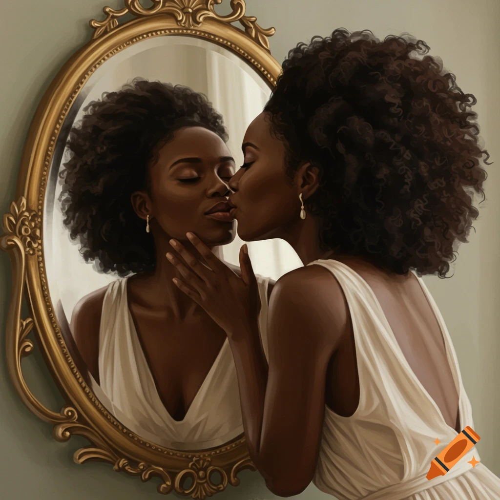 A Black woman is shown kissing her reflection in an ornate mirror.