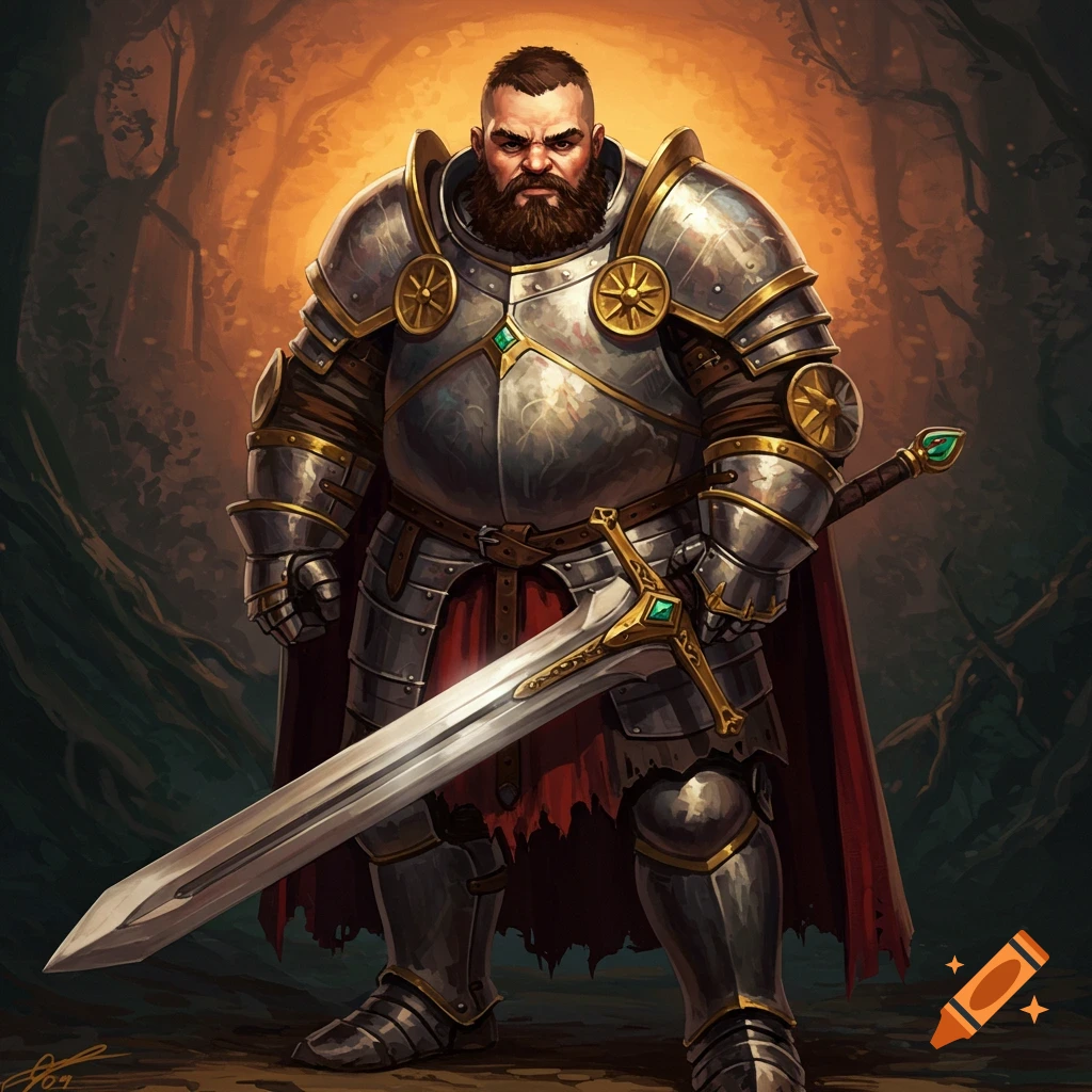 A knight in full armor holding a large sword in a forest.