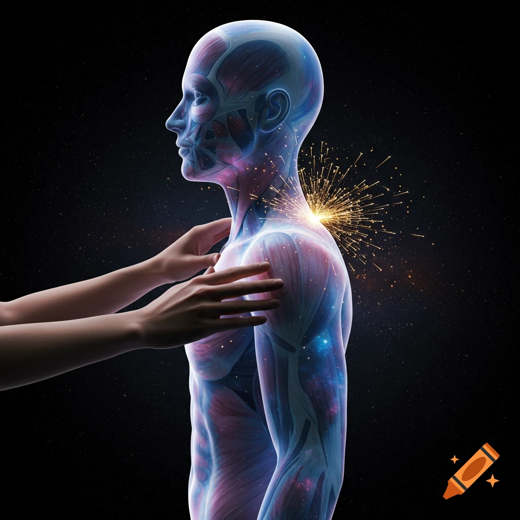 Stylized human body overlaid with cosmic patterns, sparks at shoulder, hands touching.