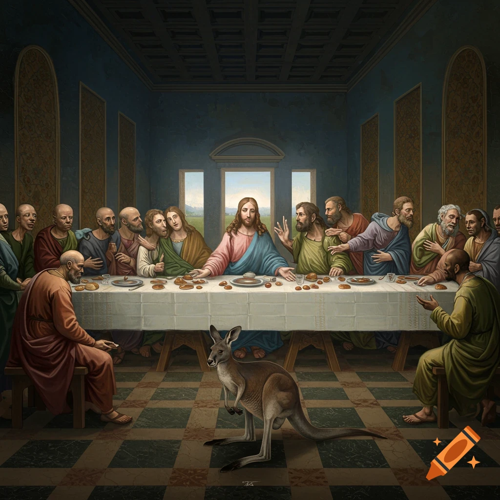 Painting of the Last Supper with Jesus, disciples, and a kangaroo.
