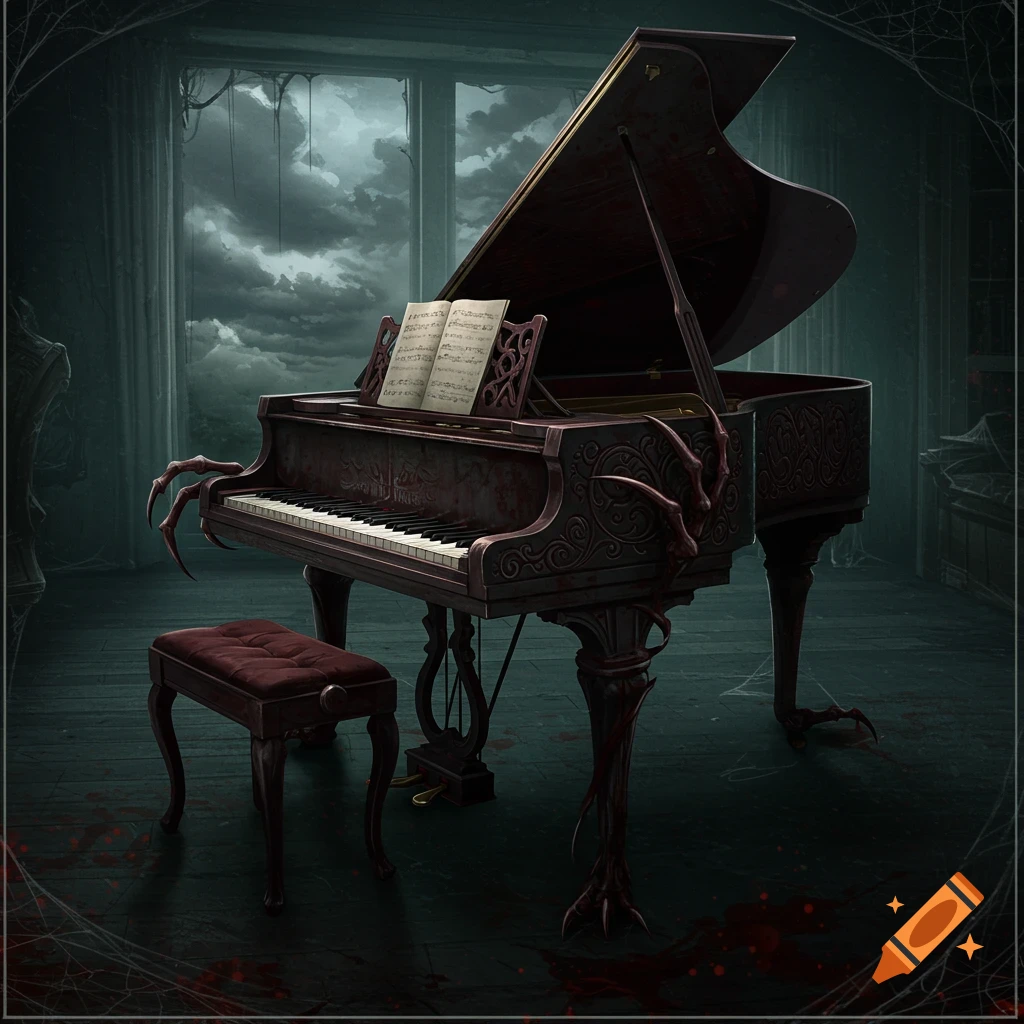 A scary, monstrous piano sits in a dark, spooky room with blood on the floor.