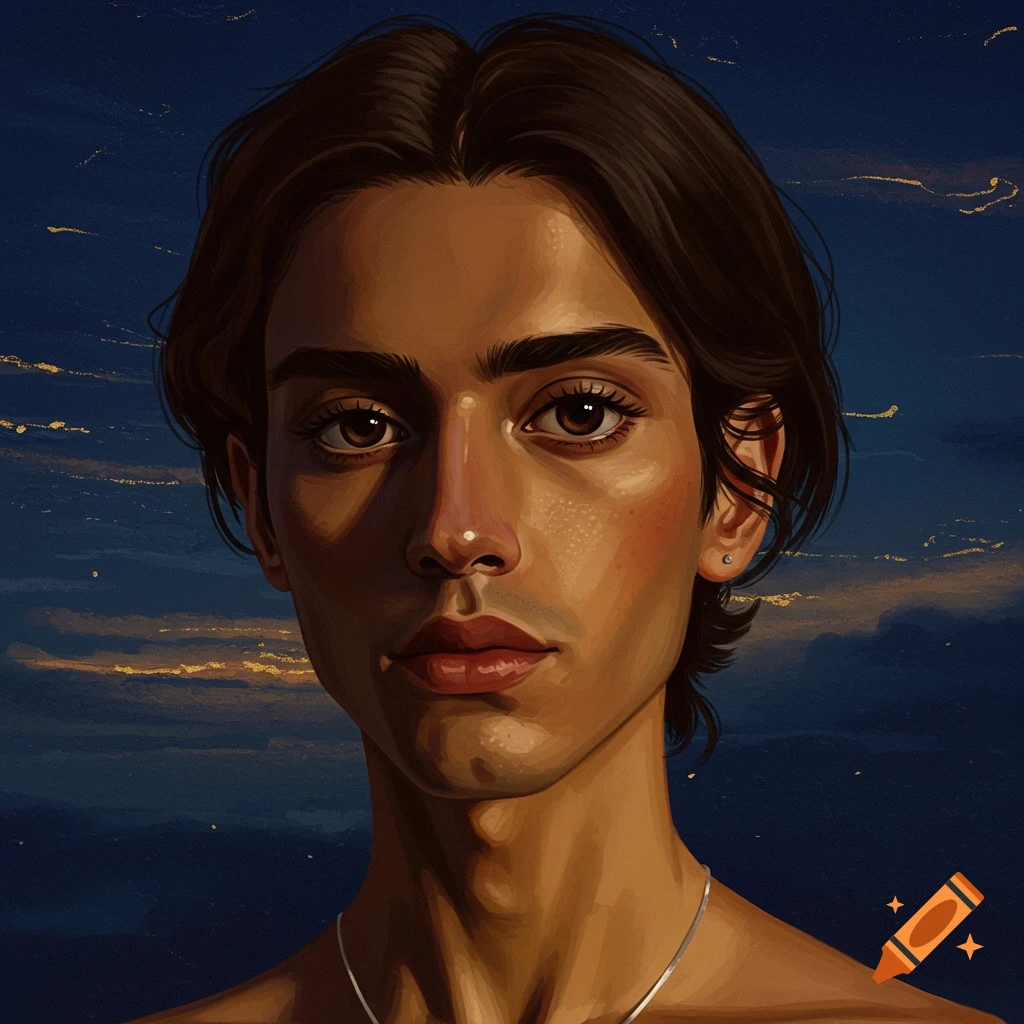 Portrait of a young person against a dark sky with golden light.
