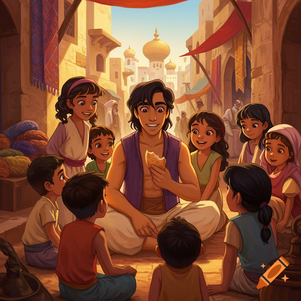 Aladdin is sharing bread with children in a bustling marketplace.