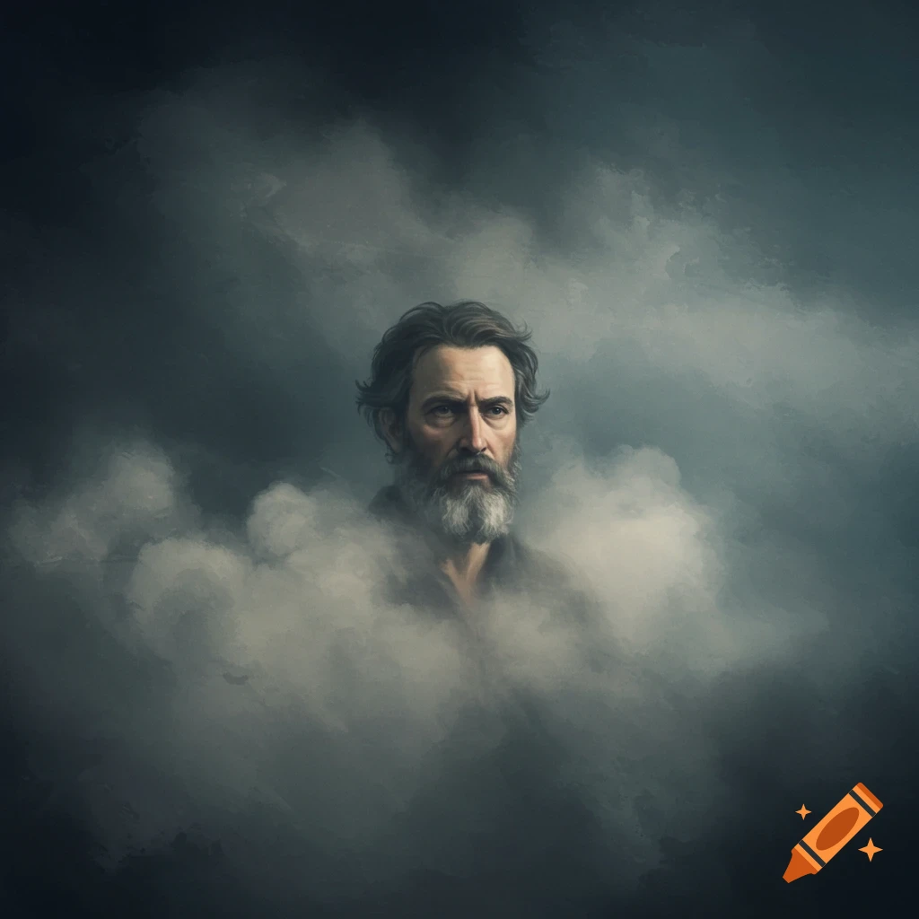 A man's face and shoulders emerge from thick mist in a dark, painterly style.