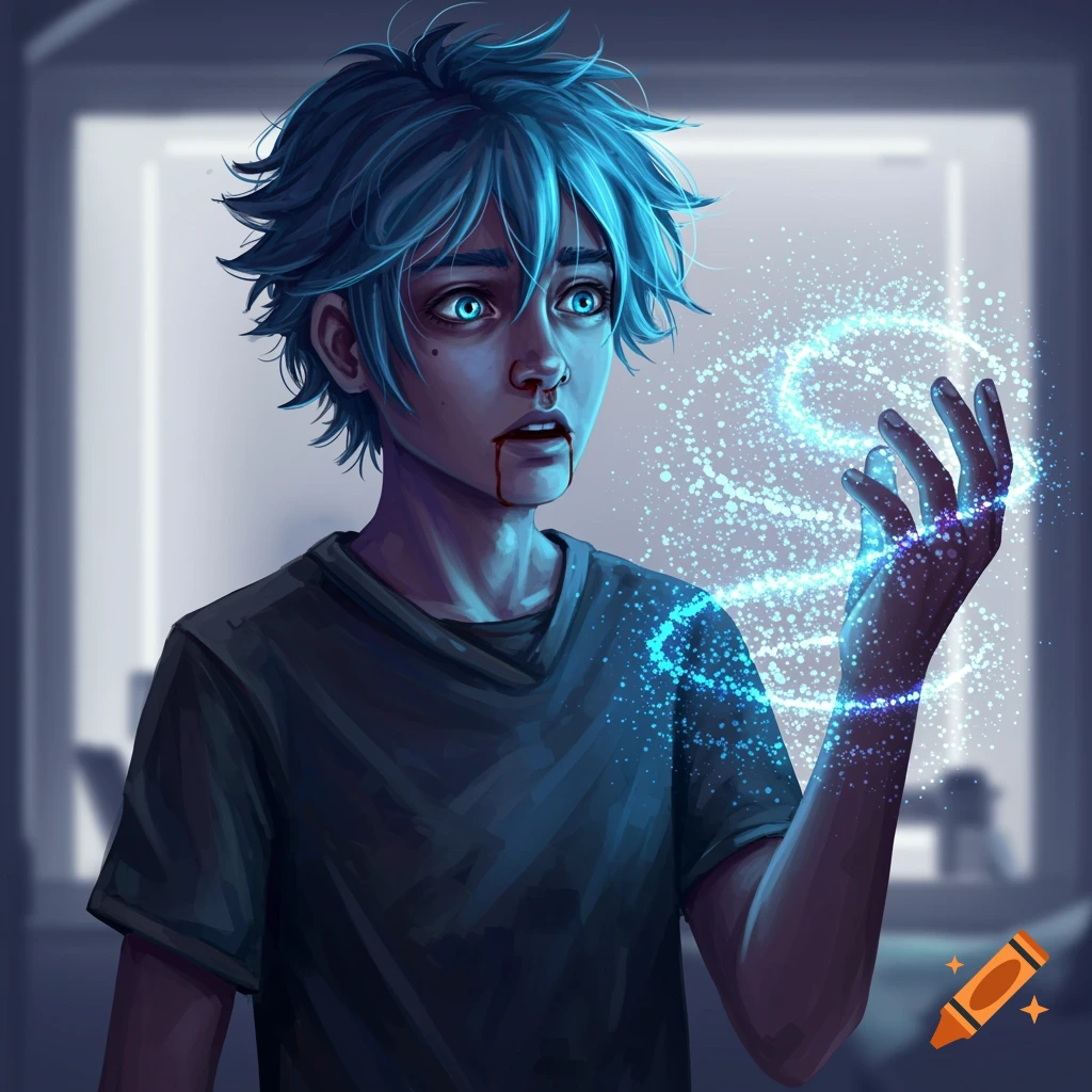 A young person with blue hair and glowing eyes, holding a hand surrounded by swirling blue sparkles, with blood on their face.