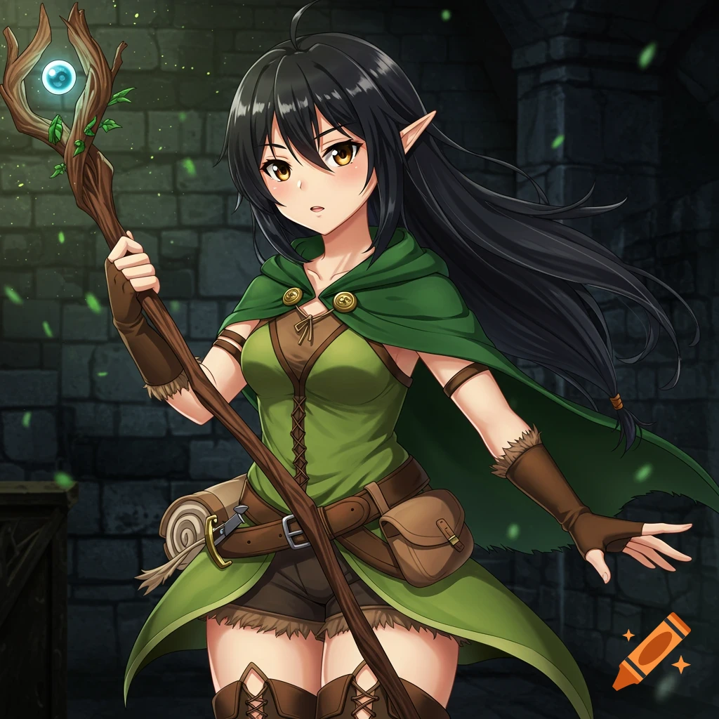 Anime style illustration of an elf girl holding a staff in a dungeon