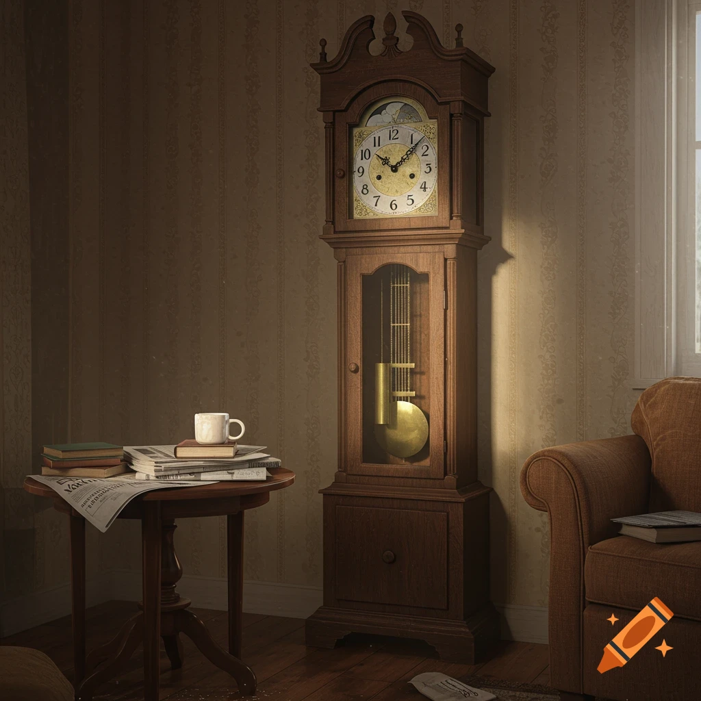 A photorealistic image of a grandfather clock next to a table with books and a chair in a dimly lit room.