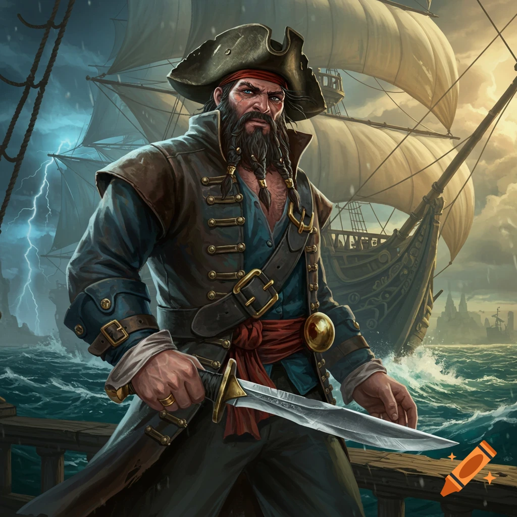 A pirate holding a knife on a ship deck during a storm.