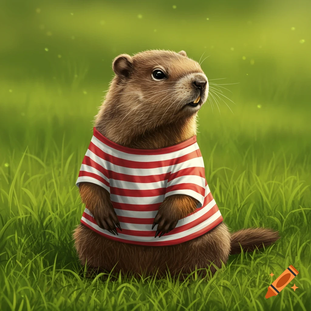 A groundhog wearing a red and white striped shirt, sitting in grass.
