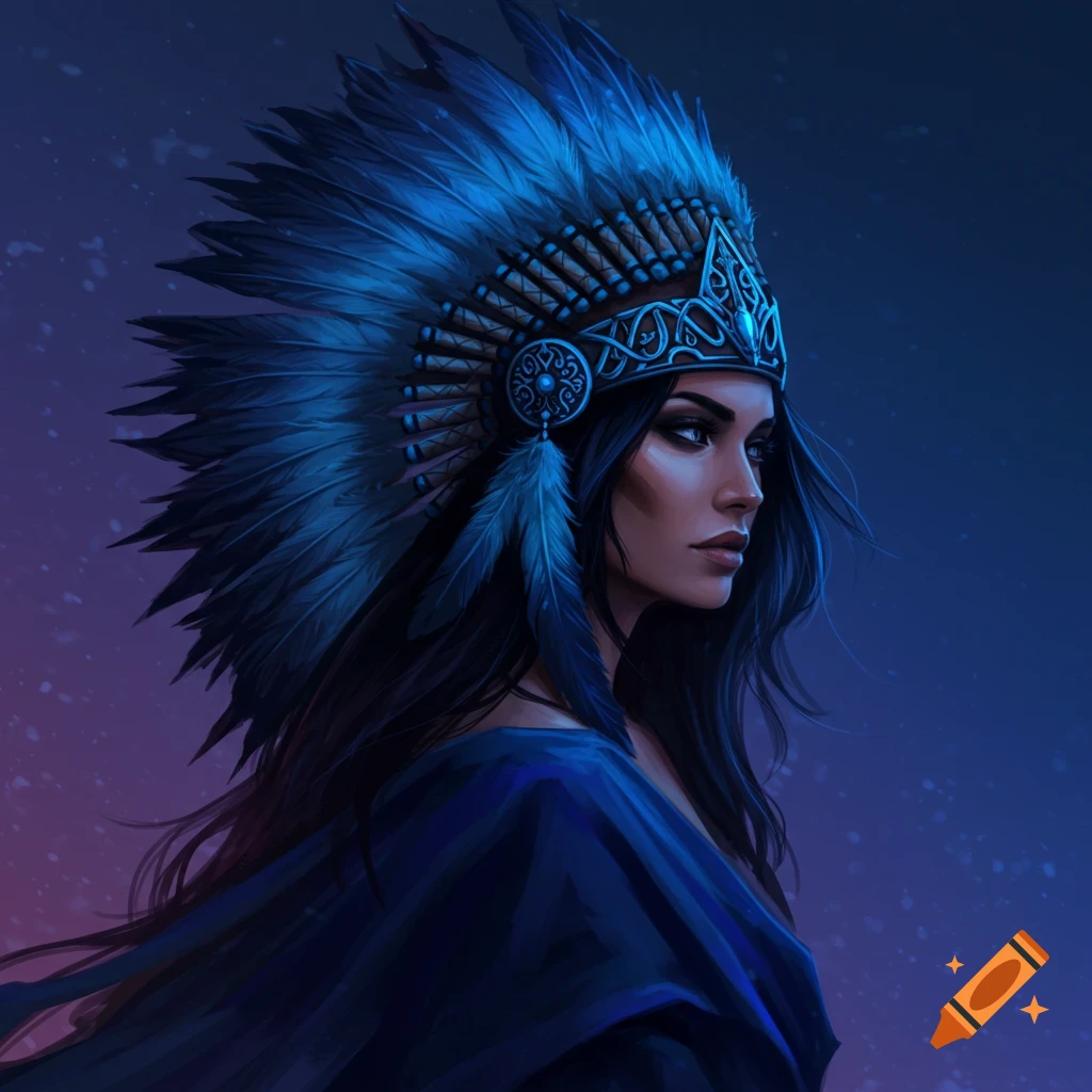 A woman in a blue feathered headdress