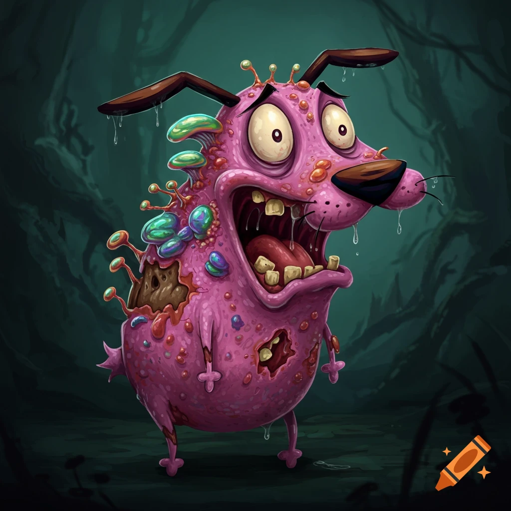 A pink cartoon dog zombie covered in green and purple fungus stands in a dark forest.