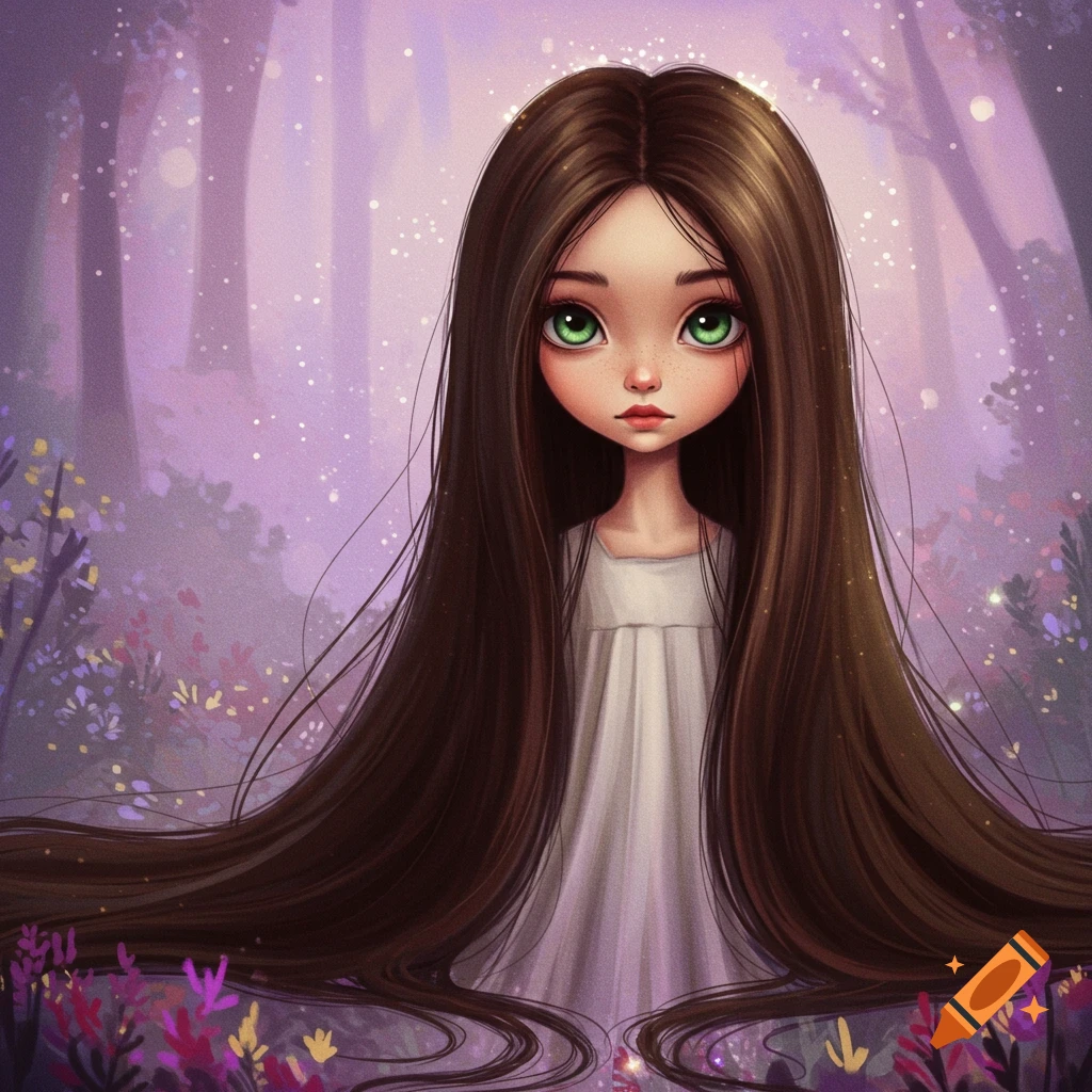 A girl with long brown hair and green eyes in a magical forest