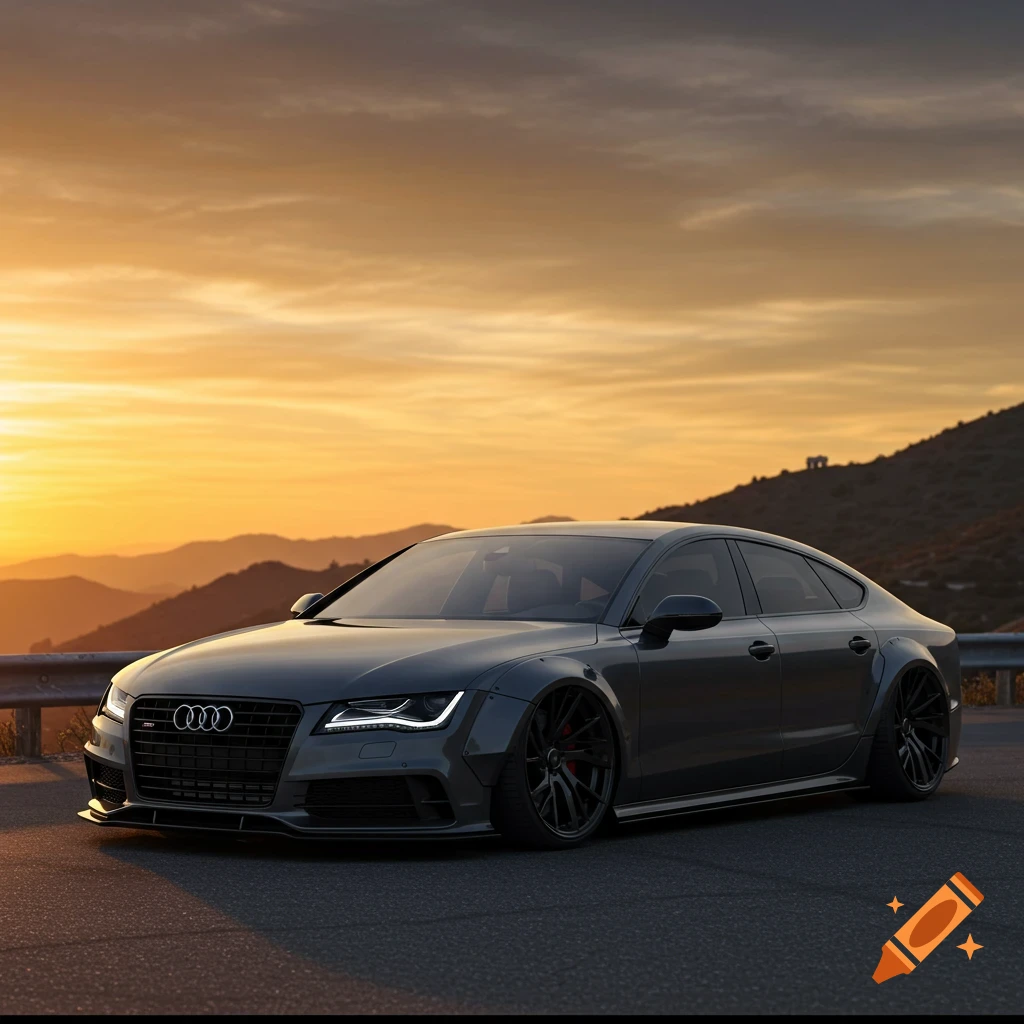 Dark gray widebody Audi A7 on a road at sunset, digital art