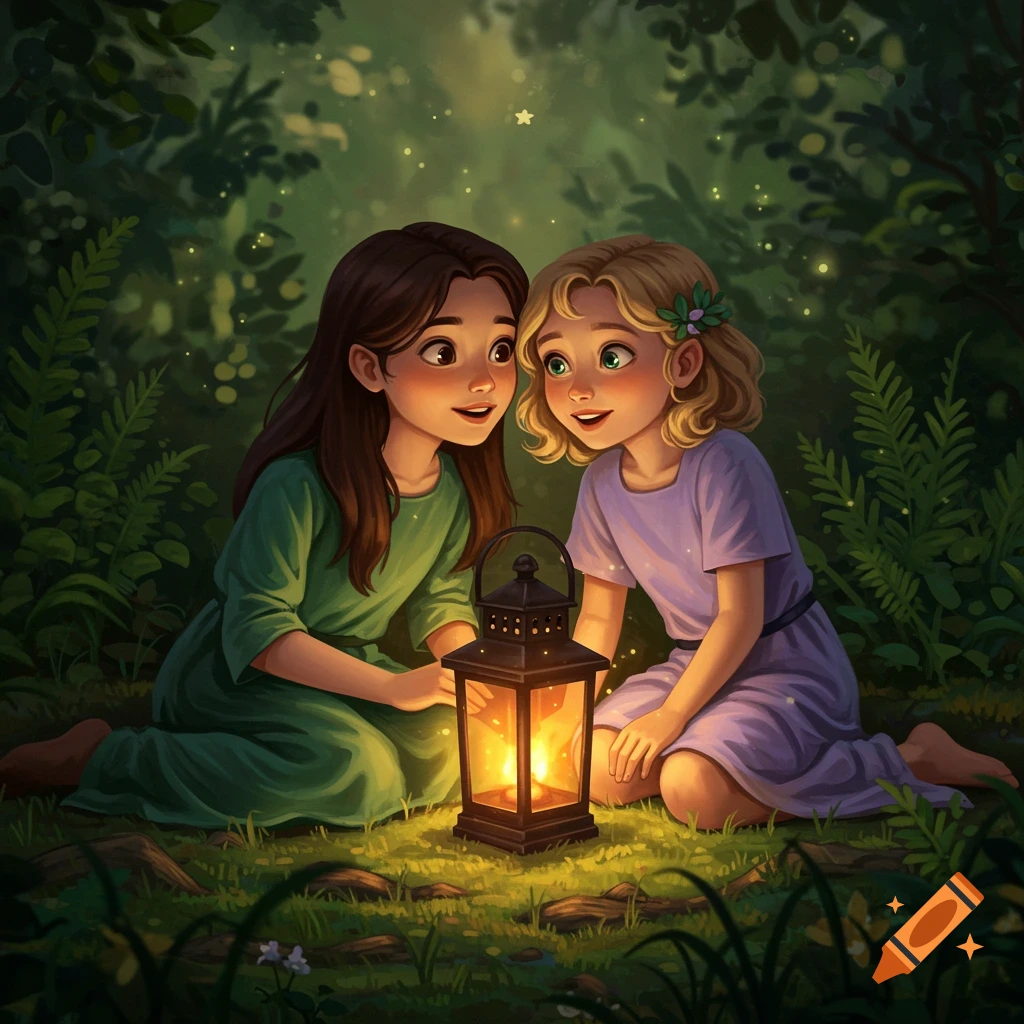 Two young girls with a lantern in a fairytale forest.