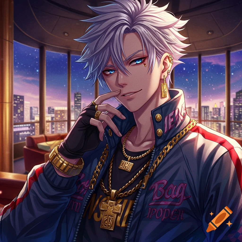 Anime boy with silver hair, blue eyes, wearing a jacket and gold chains in a room overlooking a city skyline at sunset.