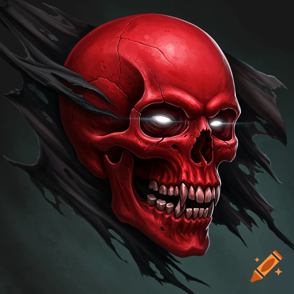 A red skull with glowing eyes and jagged teeth.
