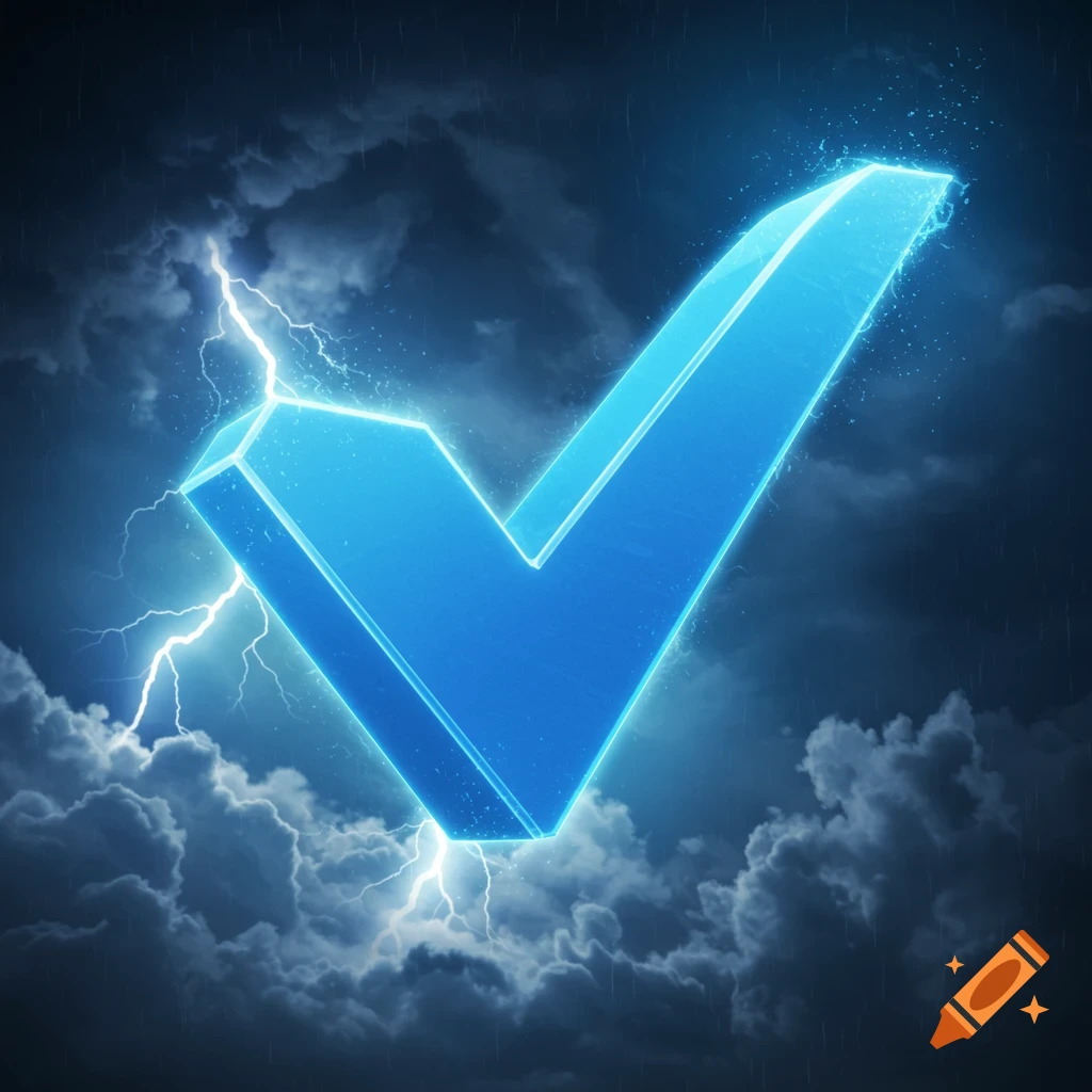 A large, glowing blue checkmark floats in a stormy sky with lightning.