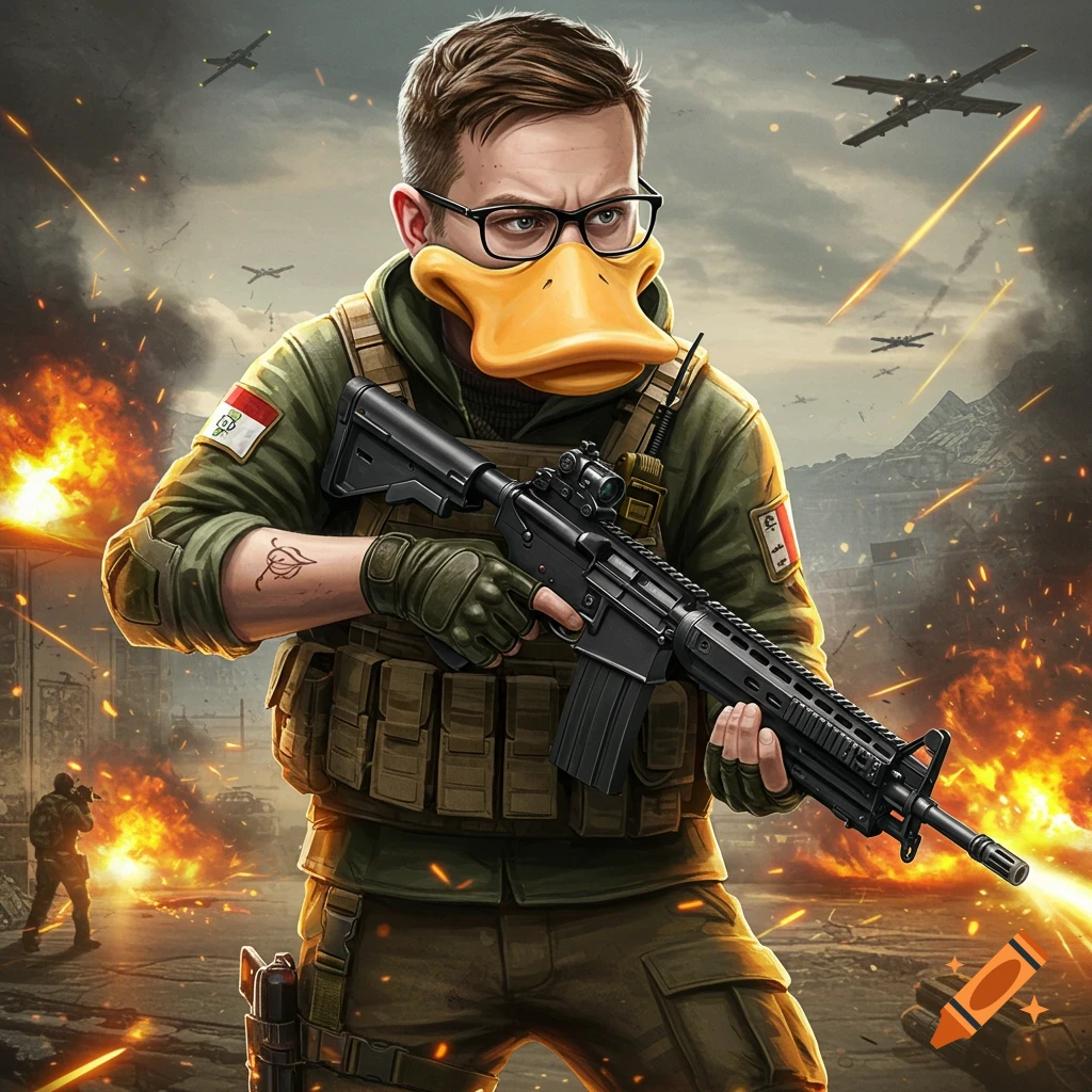 A character with a duck head and glasses wears a military uniform and holds a rifle in a combat scene with explosions and planes.